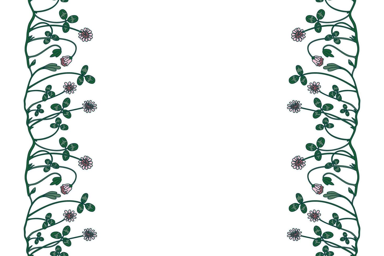 Botanical vertical floral border isolated on white background. Hand drawn doodle clover plant with pink Flowers Stems green Leaves illustration. Graphic design element for Birthday Wedding Card vector