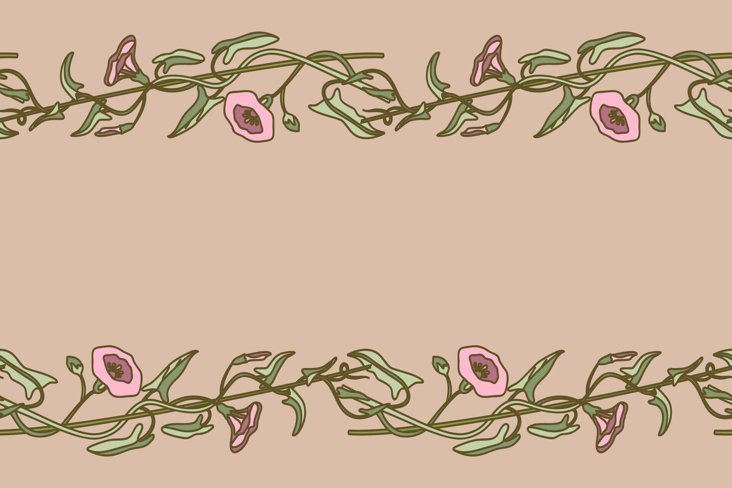 Botanical floral horizontal seamless border isolated on beige background. Hand drawn bindweed plant with pastel pink Flowers Stems green Leaves illustration. Graphic design element for Wedding vector