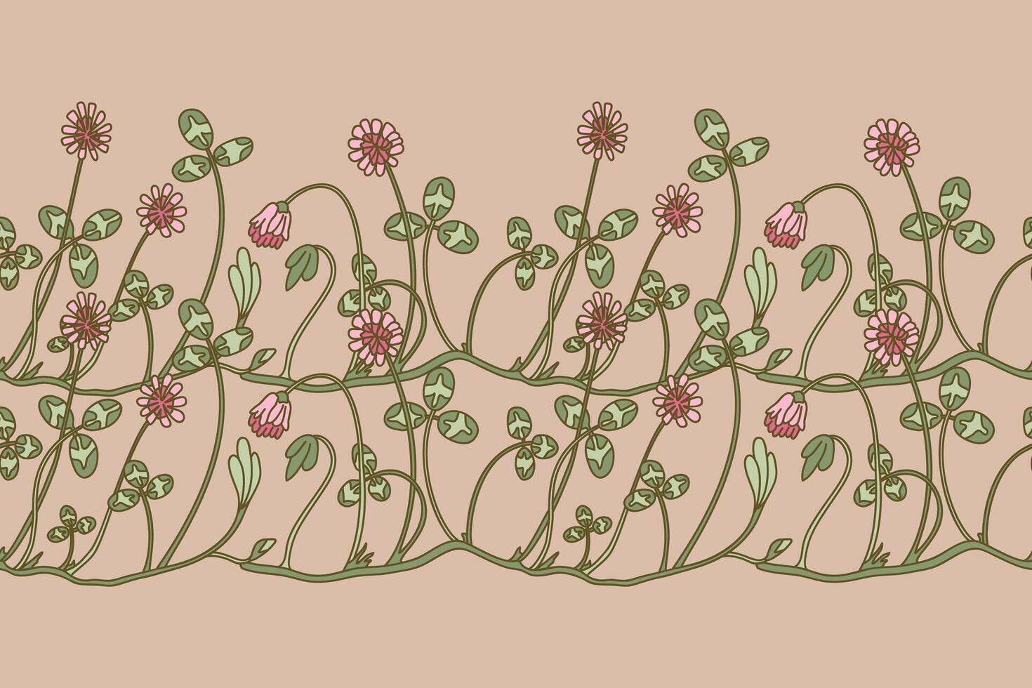 Botanical floral seamless border isolated on beige background. Hand drawn doodle clover plant with pink Flowers Stems green Leaves illustration. Graphic design element for Birthday Wedding Greeting vector