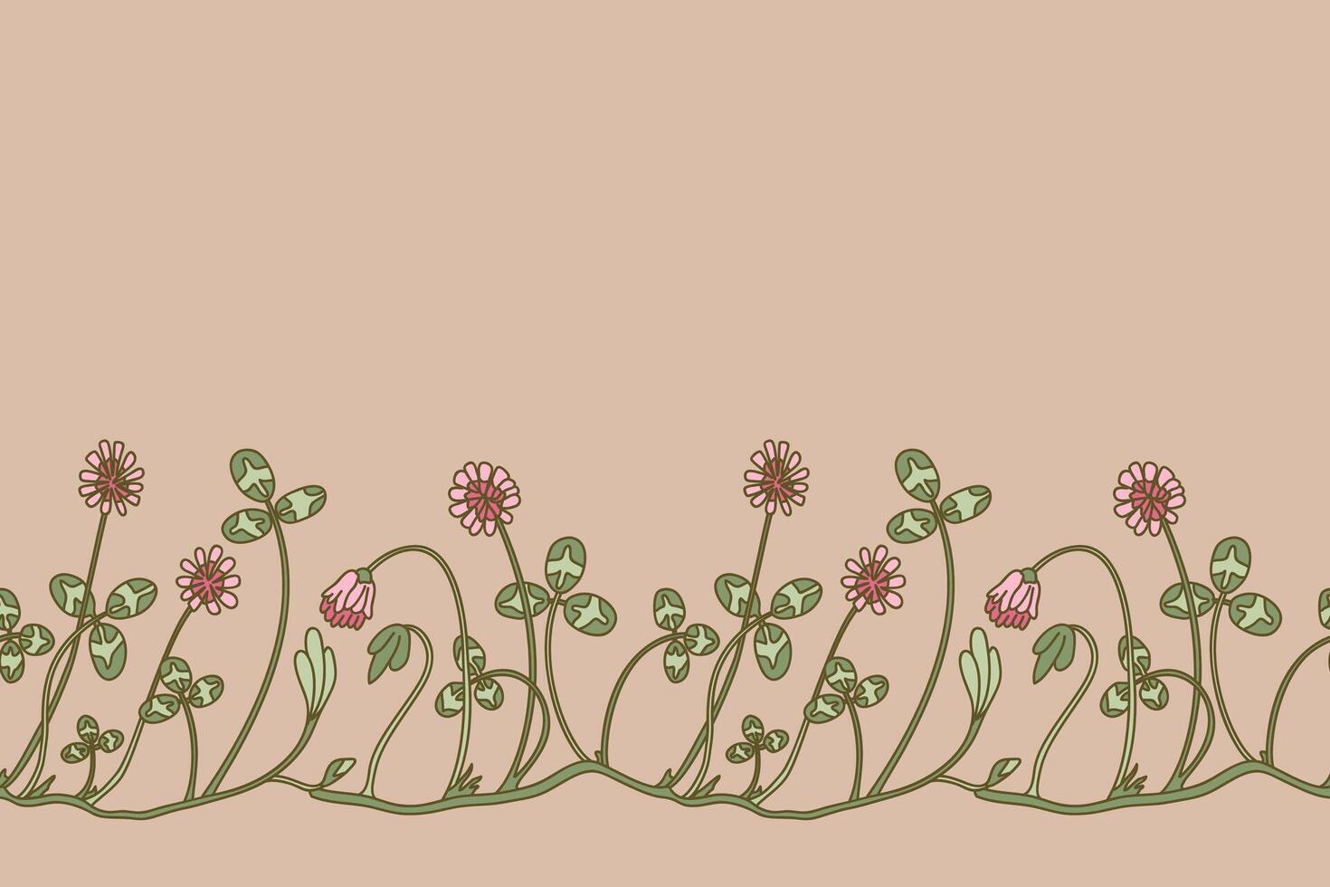 Botanical floral seamless border isolated on beige background. Hand drawn doodle clover plant with pink Flowers Stems green Leaves illustration. Graphic design element for Birthday Wedding Card vector