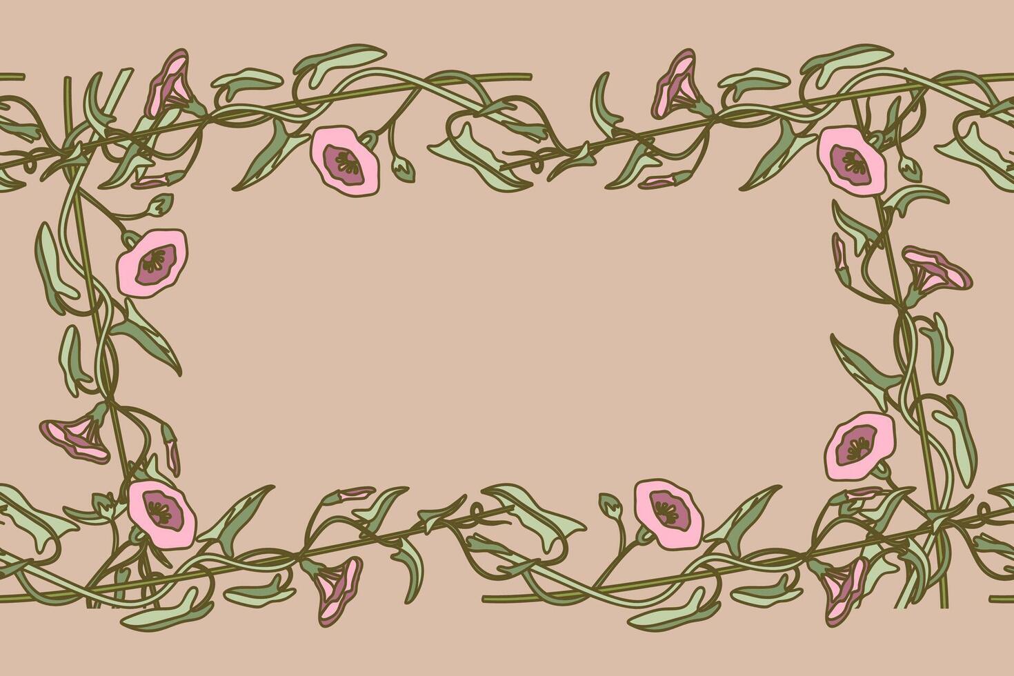Botanical floral frame isolated on beige background. Hand drawn bindweed plant with pastel pink Flowers Stems green Leaves illustration. Graphic design element for Wedding Birthday Greeting vector