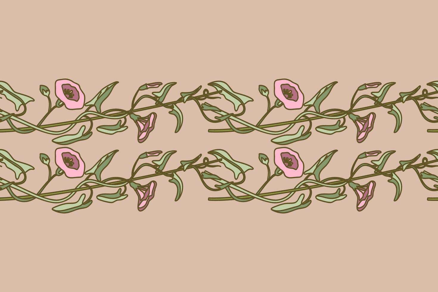 Botanical floral horizontal seamless border isolated on beige background. Hand drawn bindweed plant with pastel pink Flowers Stems green Leaves illustration. Graphic design element for Wedding Card vector