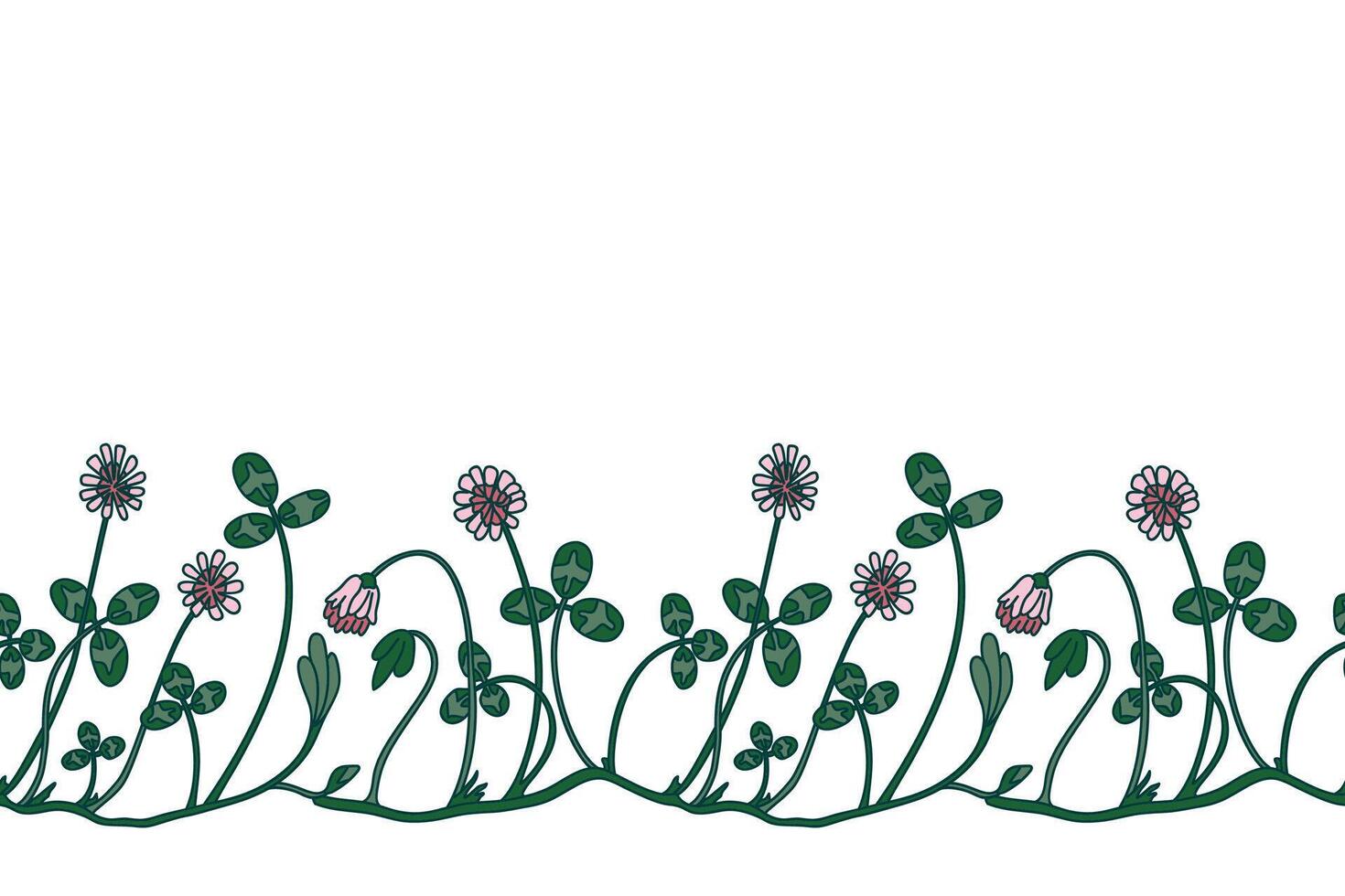 Botanical floral border isolated on white background. Hand drawn doodle clover plant with pink Flowers Stems green Leaves illustration. Graphic design doodle element for Birthday Wedding Print vector