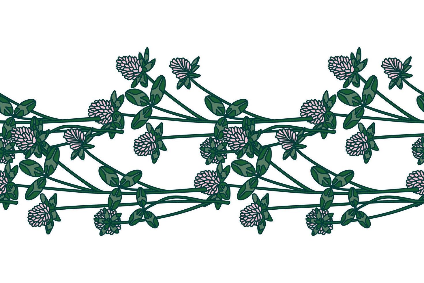 Botanical floral border isolated on white background. Hand drawn clover plant with pink Flowers green Leaves Stems illustration. Graphic design element for Birthday Wedding Greeting Card Flyer Banner vector
