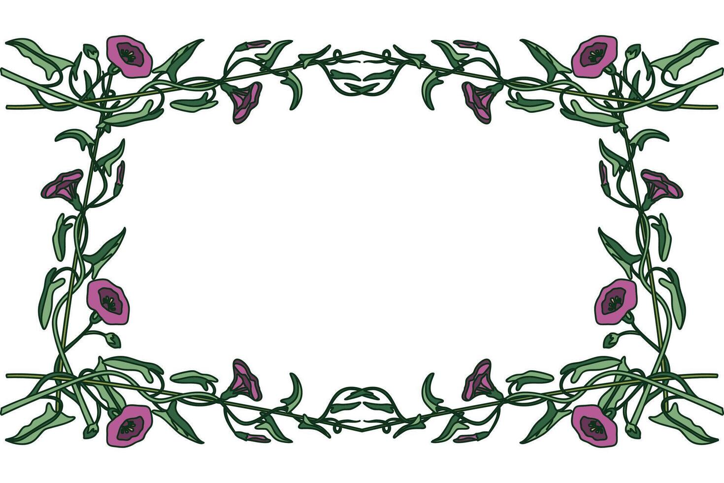 Botanical floral frame isolated on white background. Hand drawn bindweed plant with purple Flowers Stems green Leaves illustration. Graphic design element for Birthday Wedding Greeting Card vector