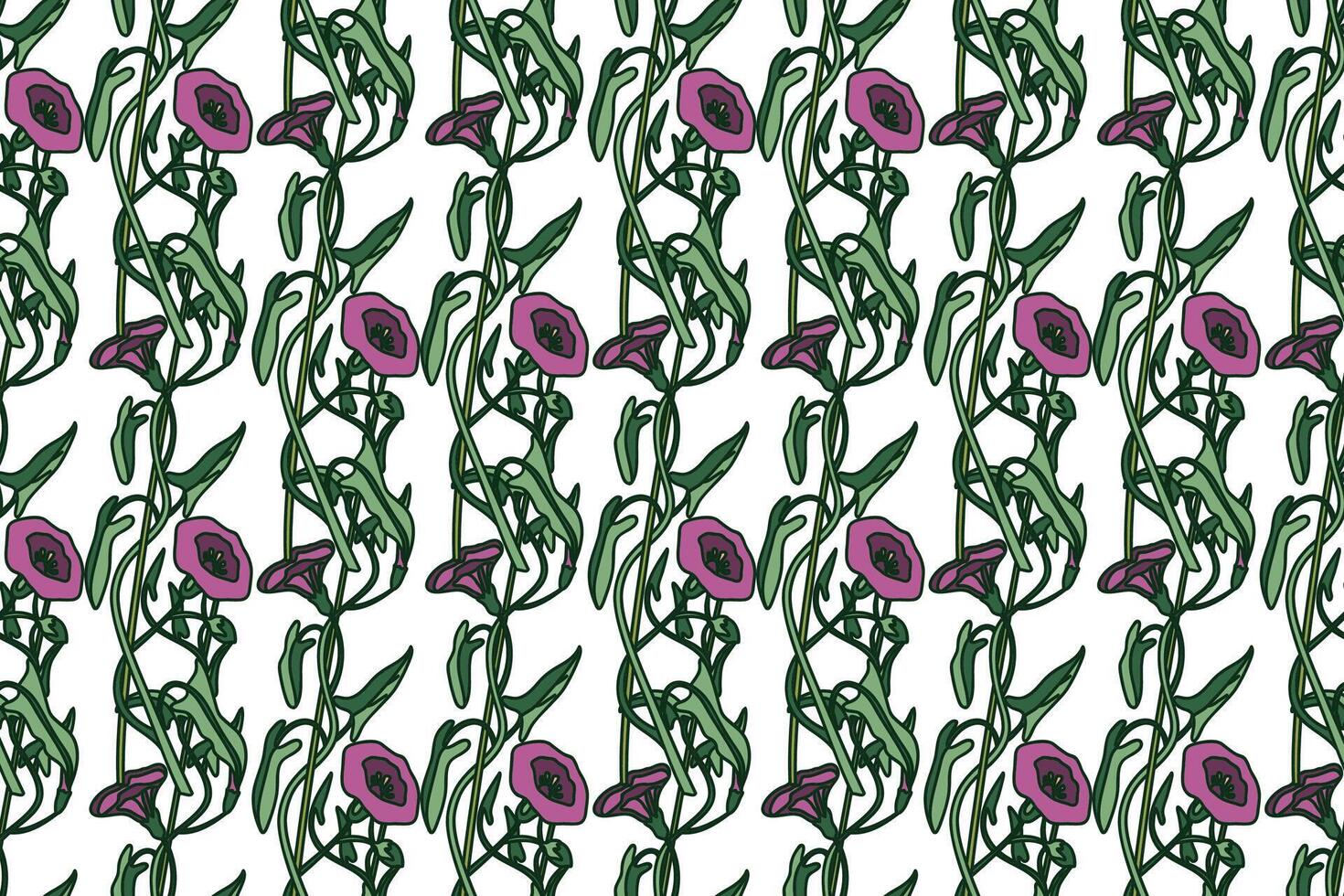 Botanical floral seamless pattern illustration. Repeating bindweed plant with purple Flowers Stems Leaves in white background. Graphic design for Fashion Cover Textile Wedding Greeting Card vector