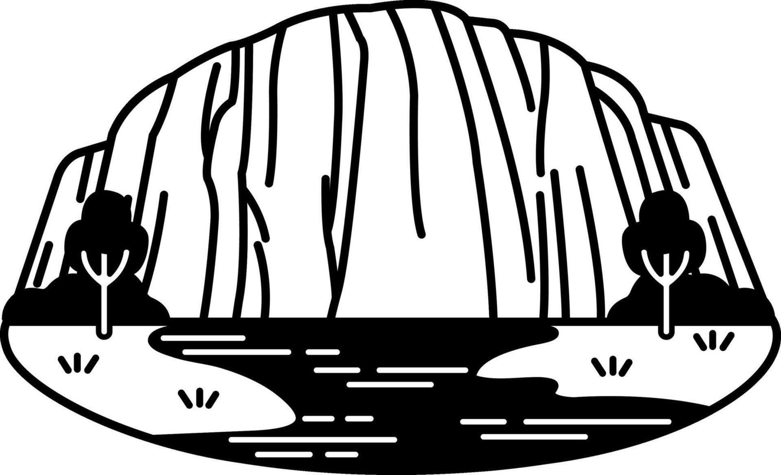 black and white illustration icon of a mountain with a river vector