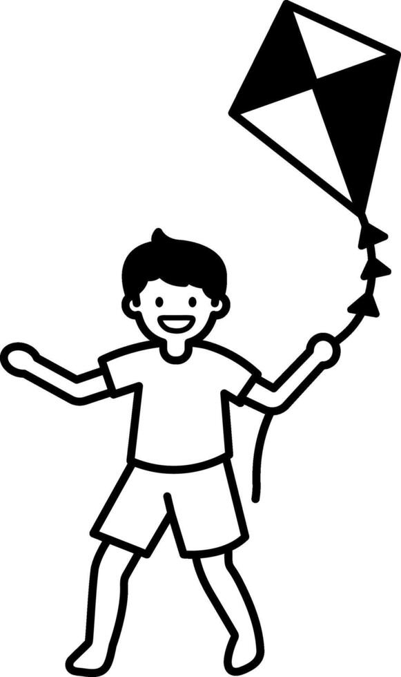 black and white illustration of a boy is flying a kite vector