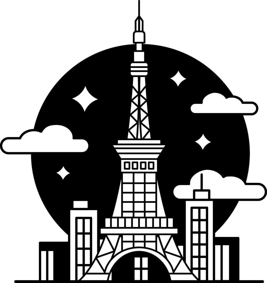 black and white illustration icon of a Tokyo Tower vector