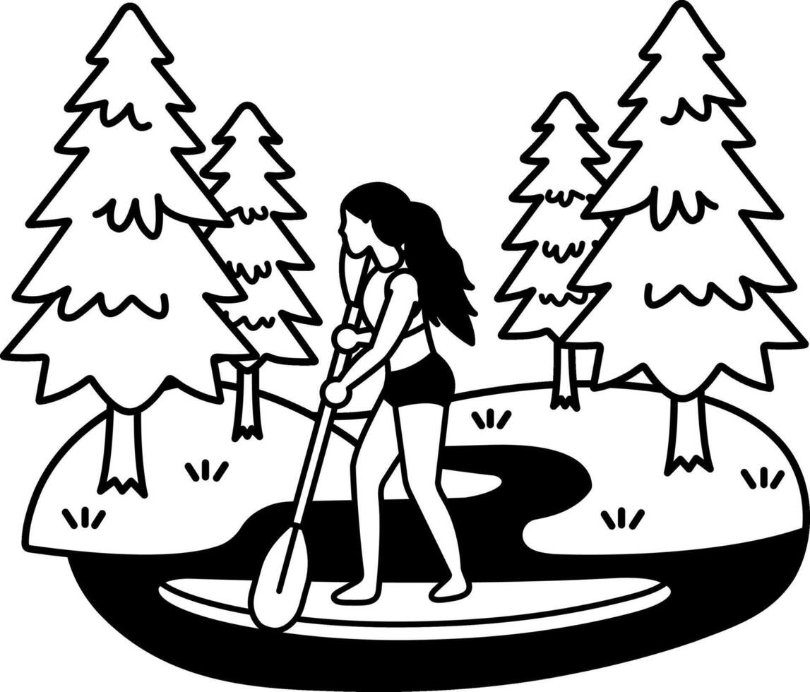 black and white illustration of a woman is paddling a surfboard on a river vector