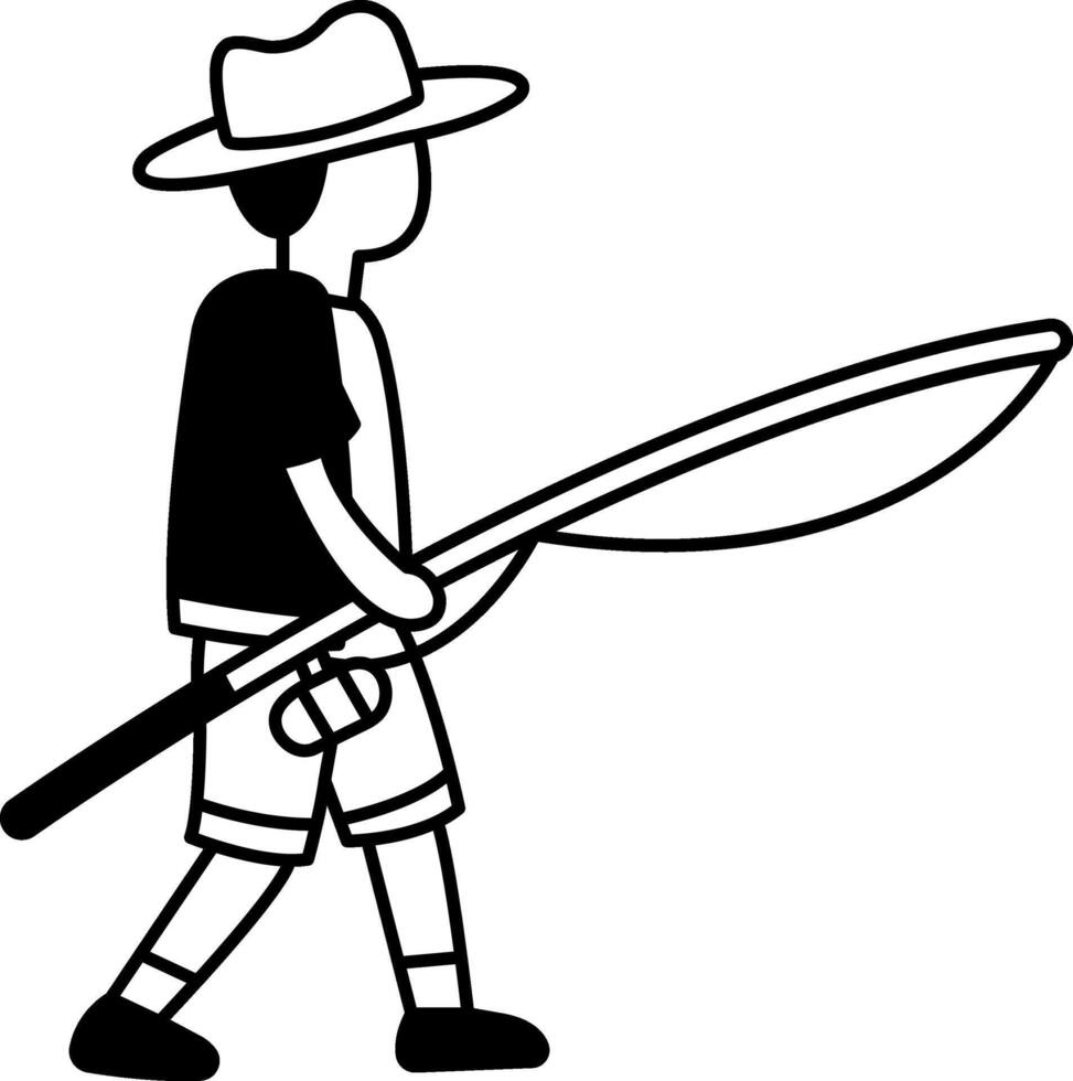 black and white illustration icon of a man walking and holding a fishing pole vector