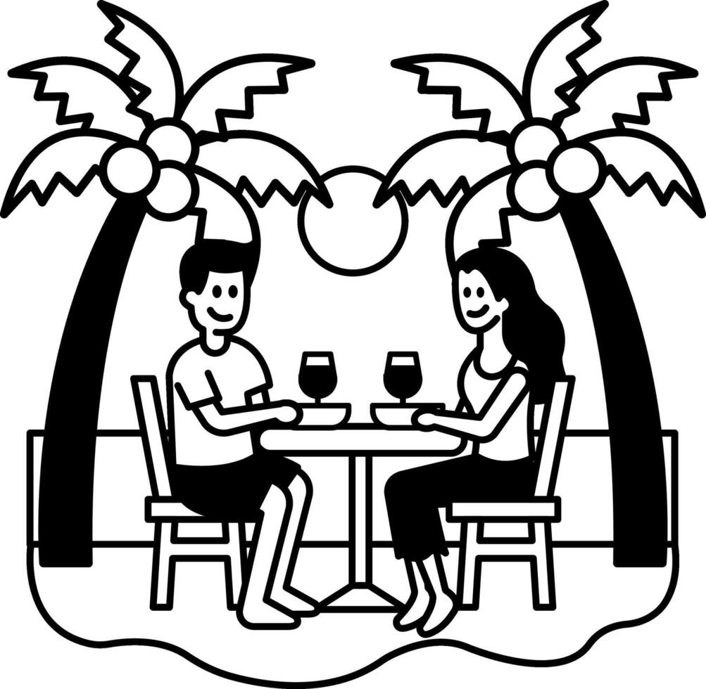 black and white illustration of a couple having dinner by the sea vector
