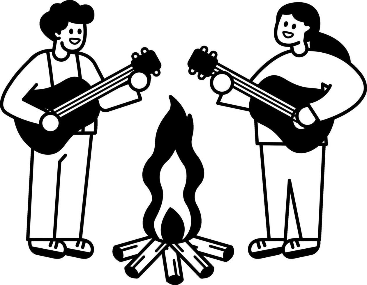 black and white illustration of people are singing around a campfire vector