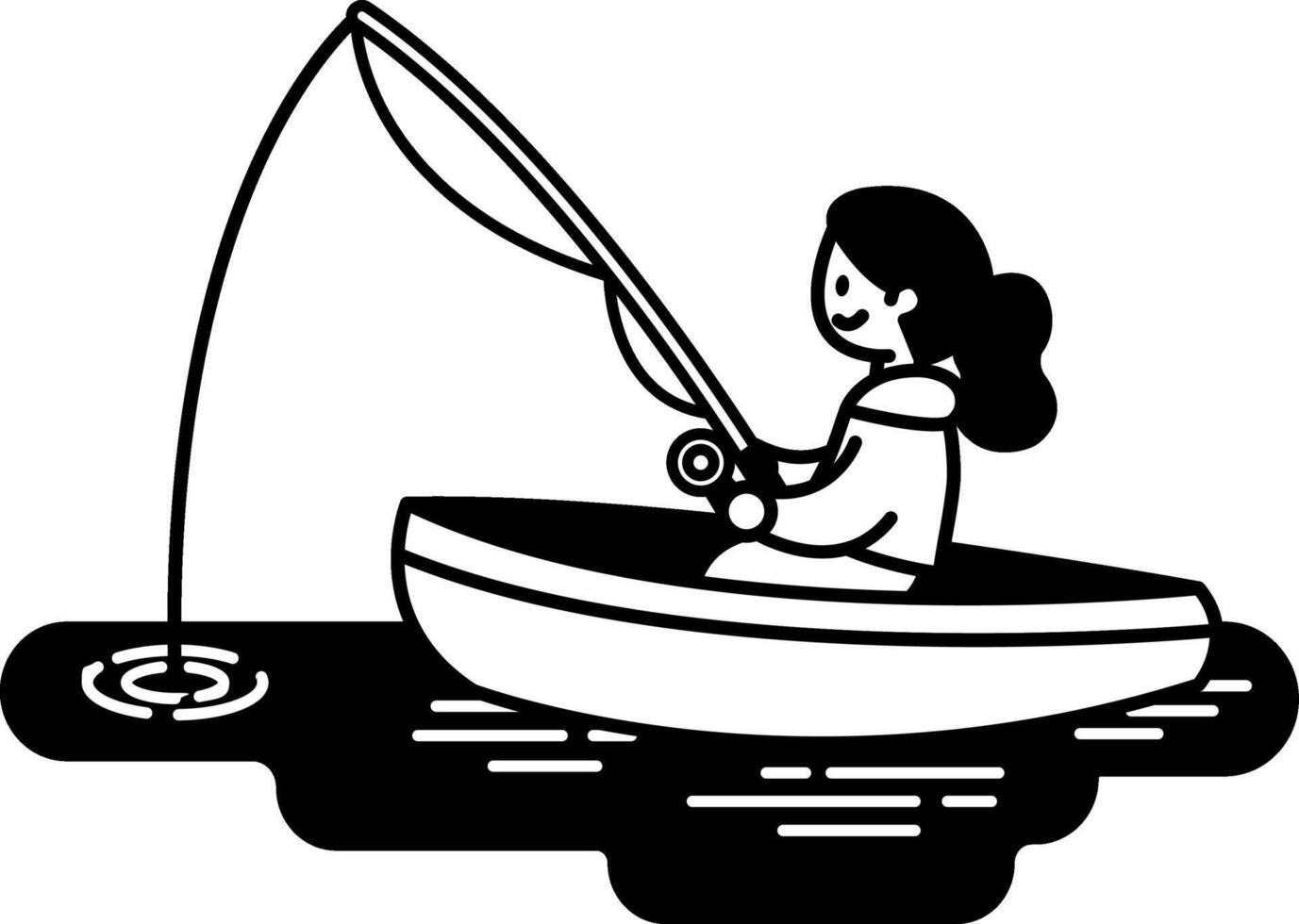 black and white illustration of a girl fishing in a boat on a lake vector