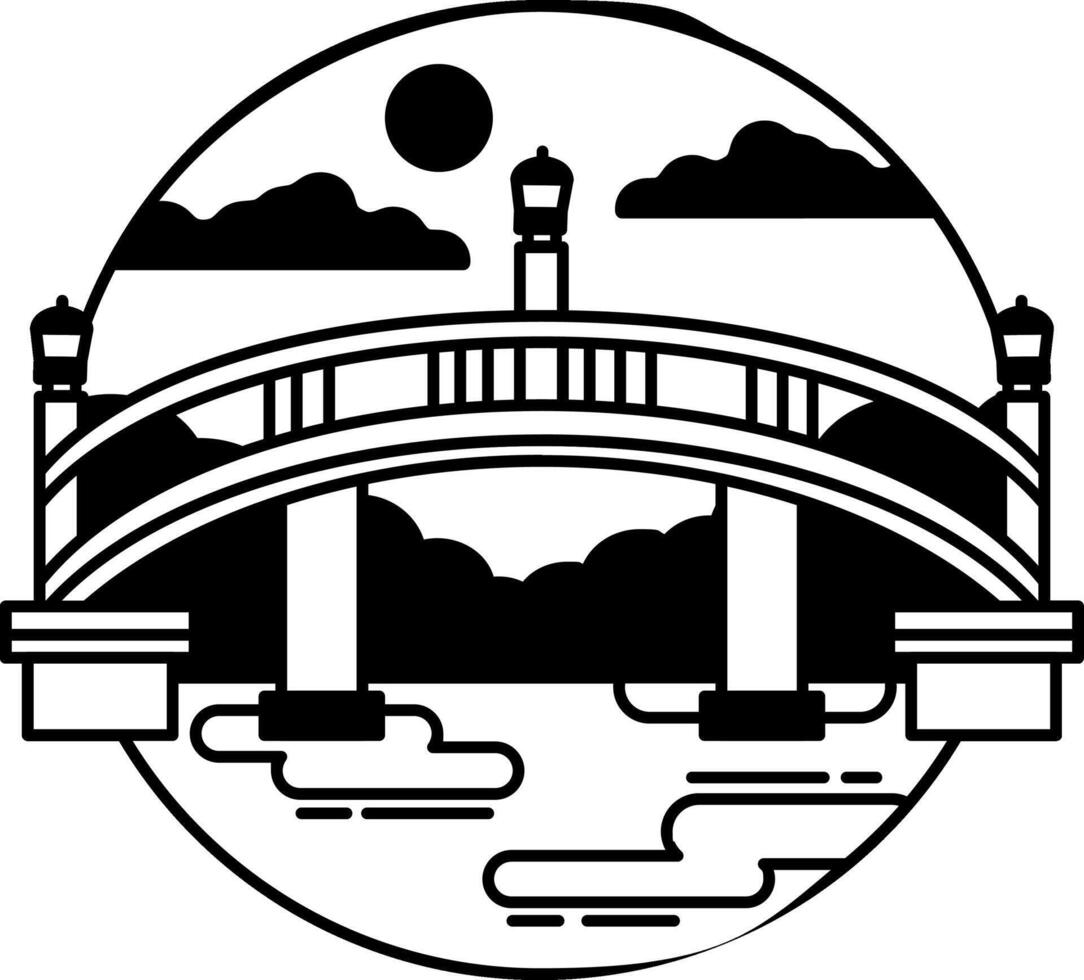 black and white single icon of traditional Japanese bridge over a river vector