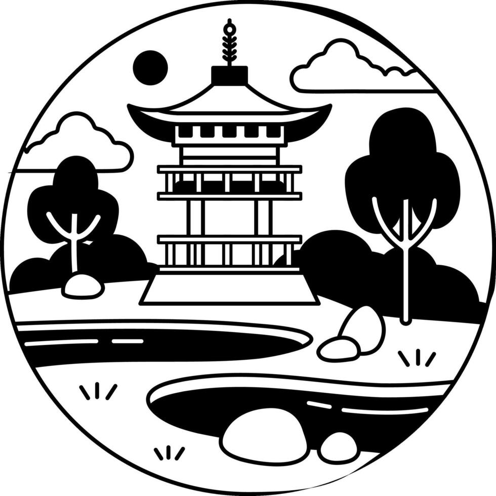 black and white illustration of a japanese pavilion in the garden vector