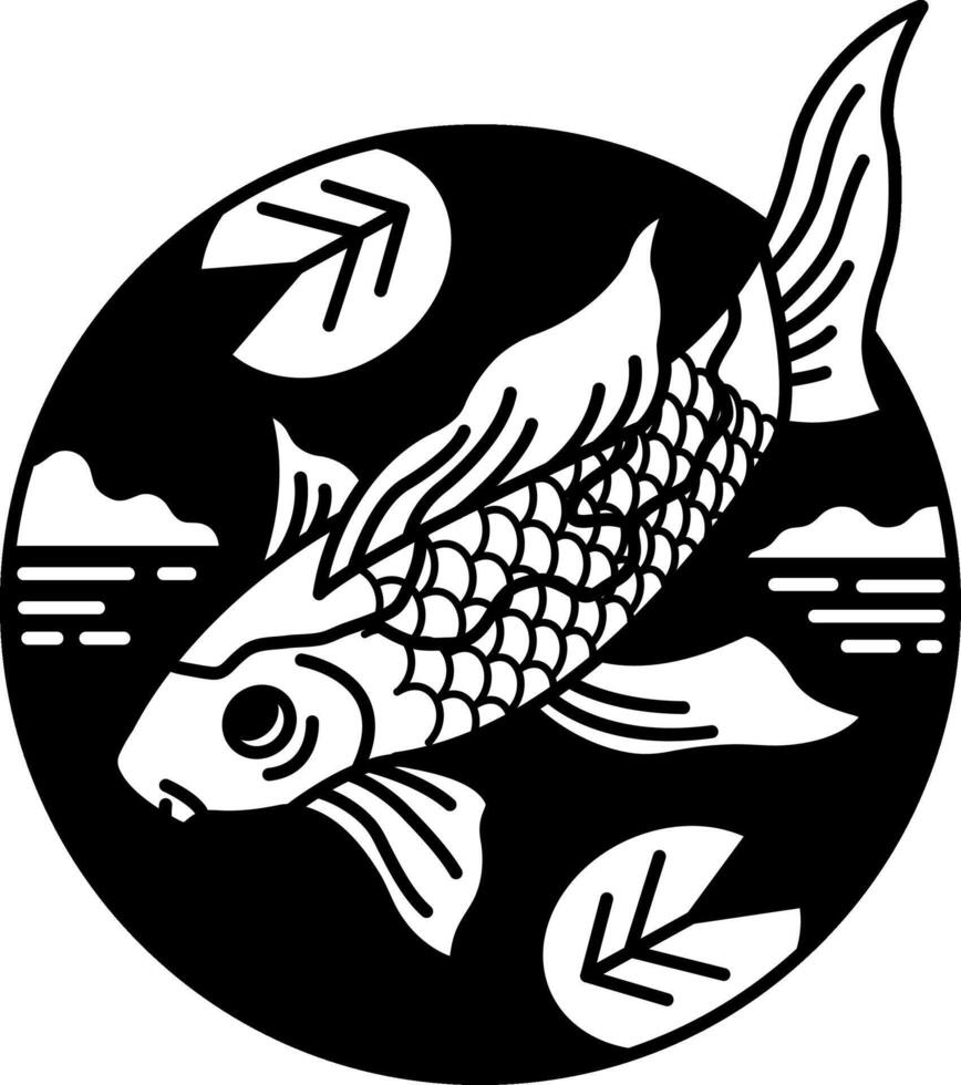 black and white illustration of a koi fish vector
