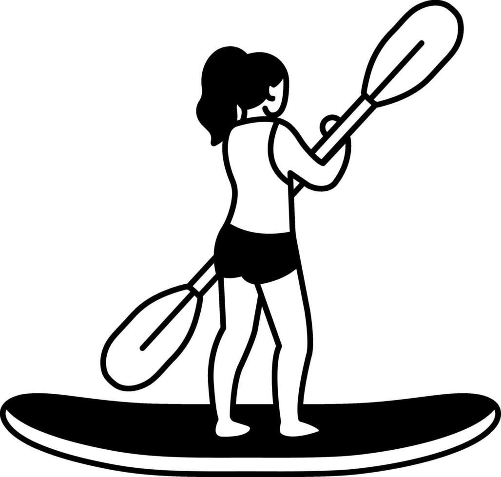 black and white illustration of a woman is paddling a surfboard vector