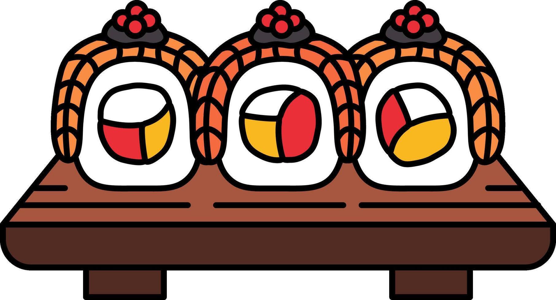 illustration of salmon rolls on wooden plate vector