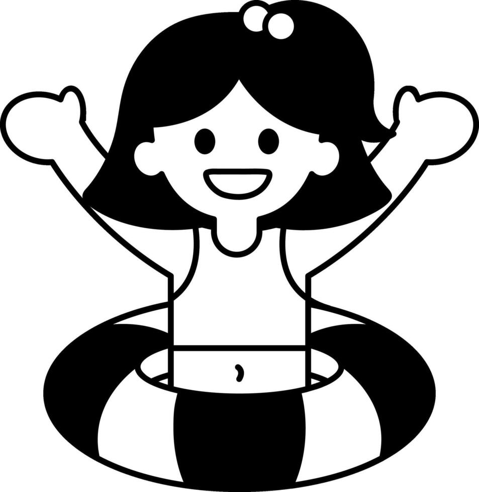 black and white illustration of a girl wearing a swimming ring vector