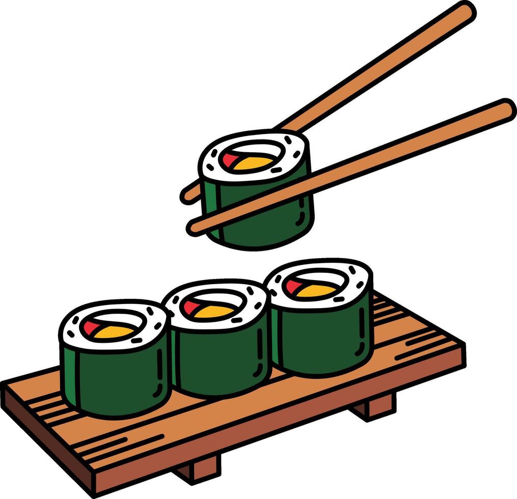 sushi roll on wooden plate vector