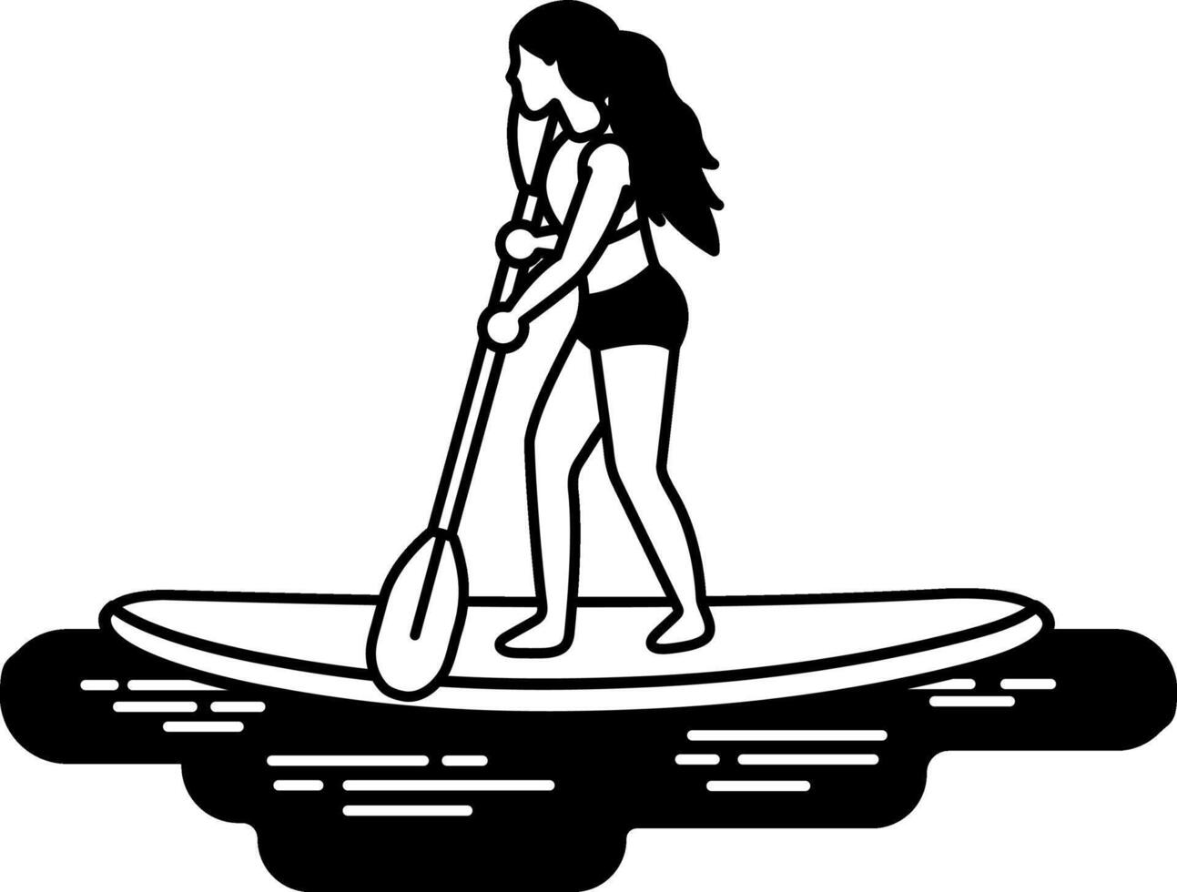black and white illustration of a woman is paddling a surfboard in the water vector