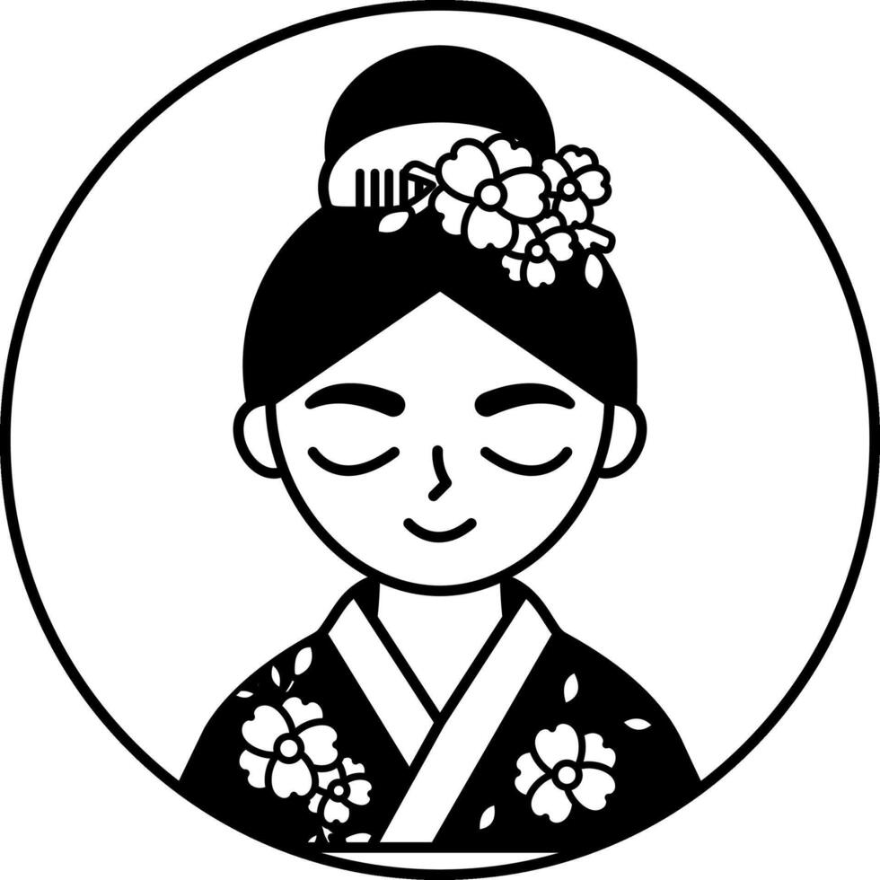 black and white illustration of a Japanese woman wearing beautiful kimono vector