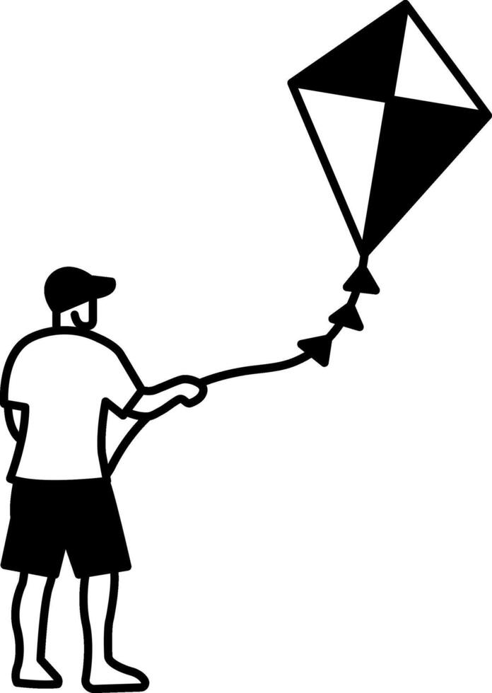 black and white illustration of a man flying a kite vector