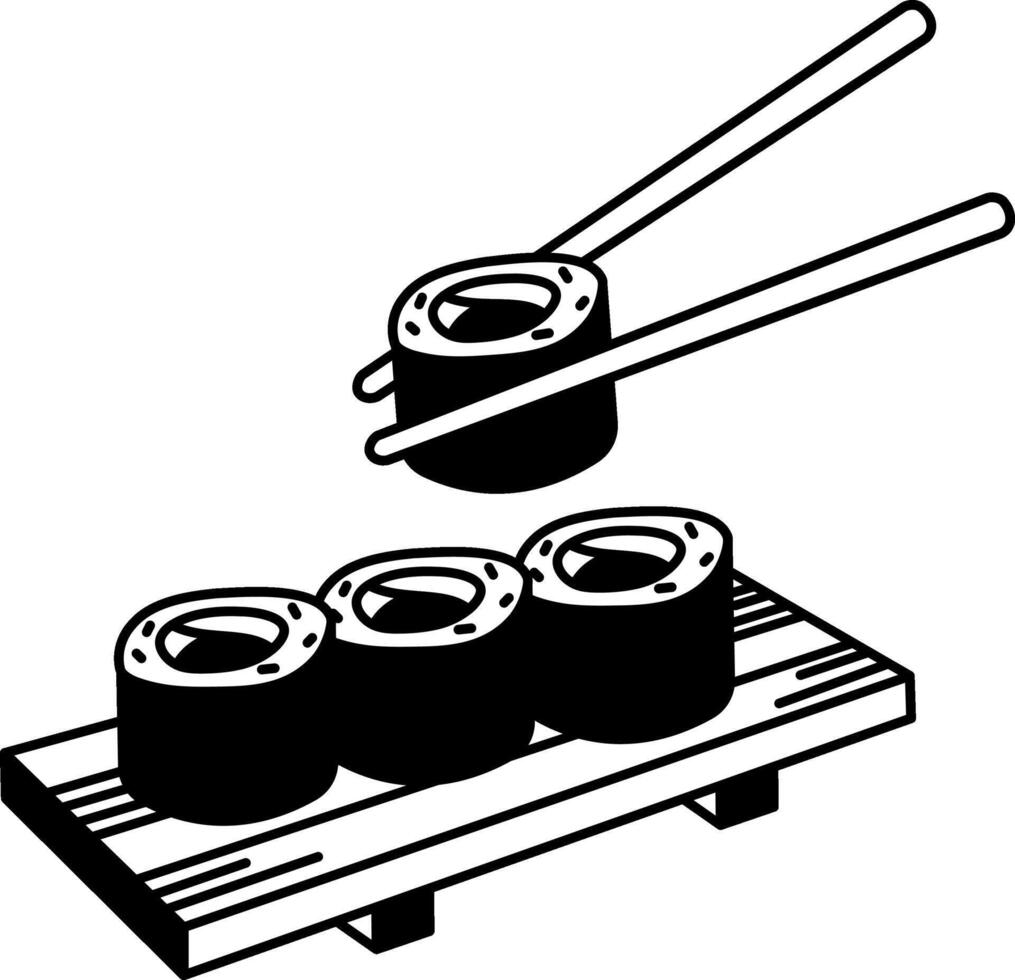 black and white icon of sushi roll on wooden plate vector