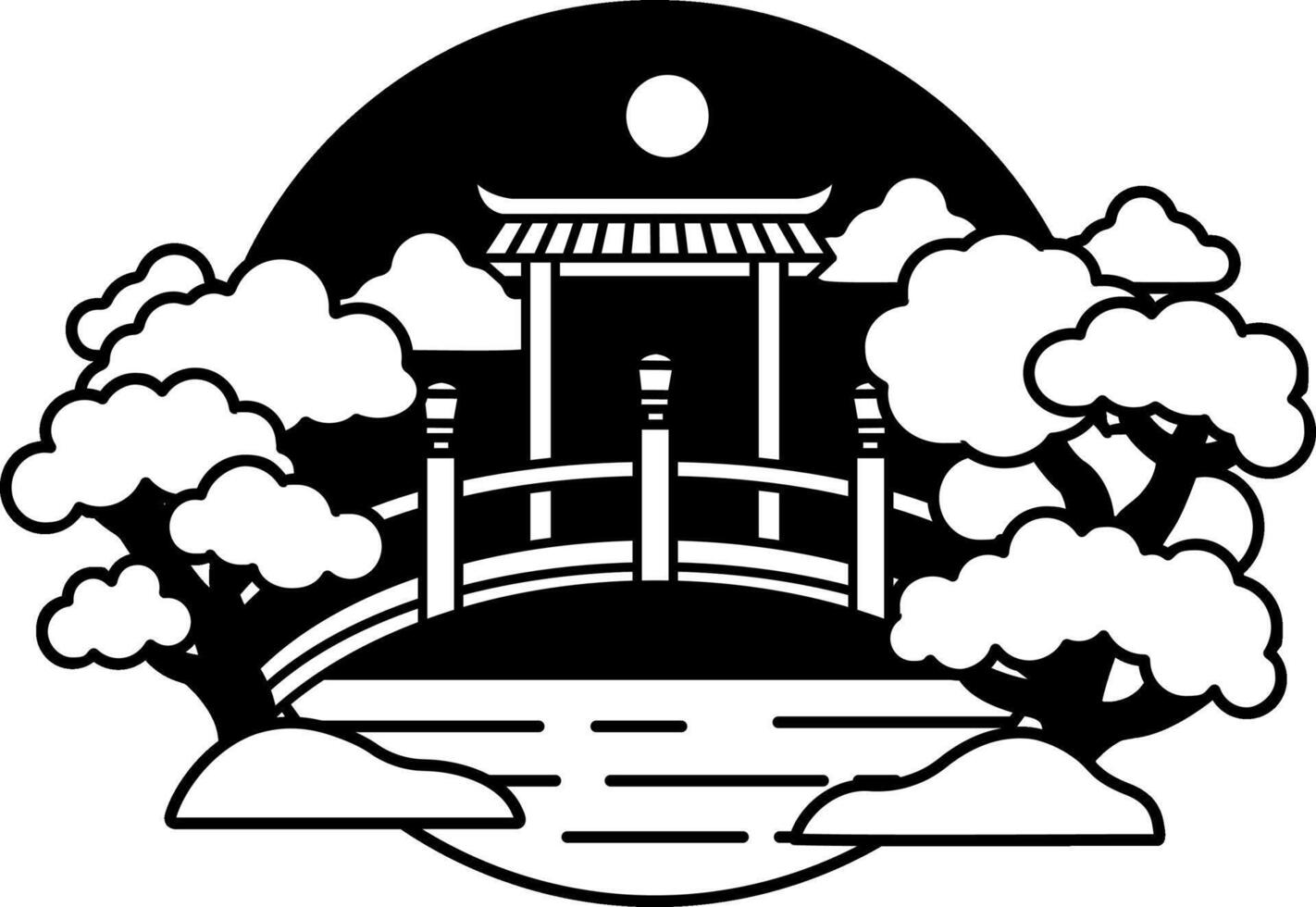 black and white illustration of traditional Japanese bridge over a river vector