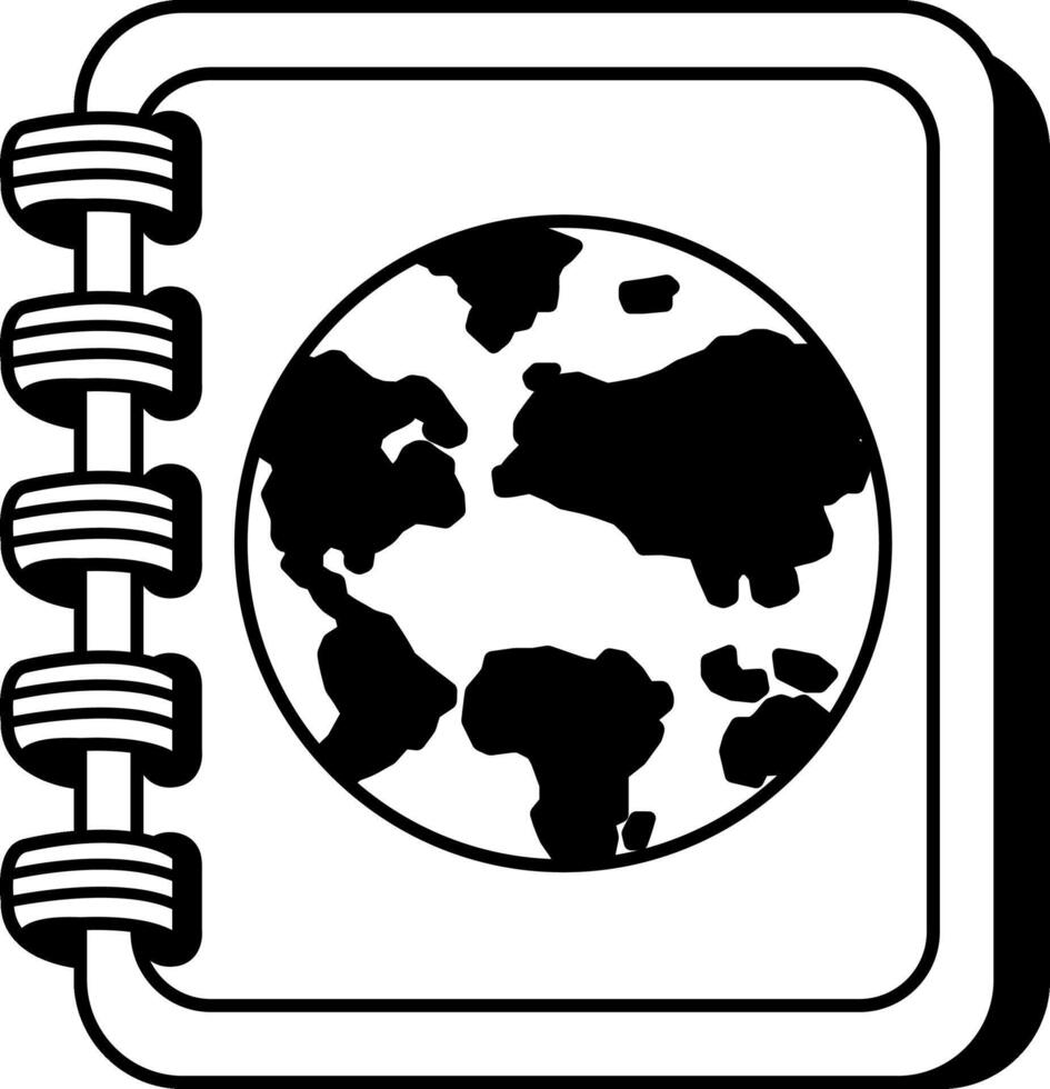 black and white illustration of a book with a globe on the cover vector