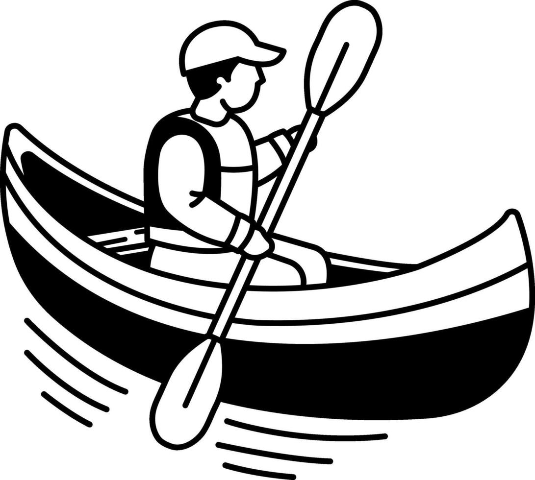 black and white illustration of a man is paddling a canoe vector