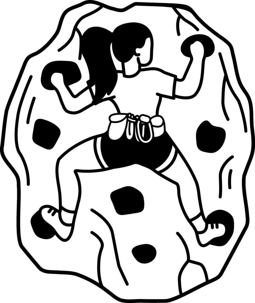 black and white illustration of a woman is climbing a rock wall vector