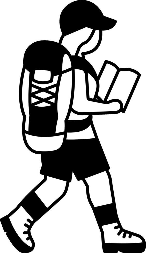 black and white illustration of a female tourist with backpack holding a map vector