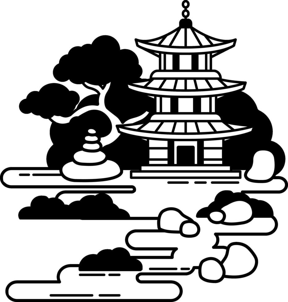black and white illustration of a zen garden vector