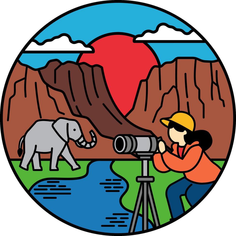 A woman taking a picture of an elephant vector
