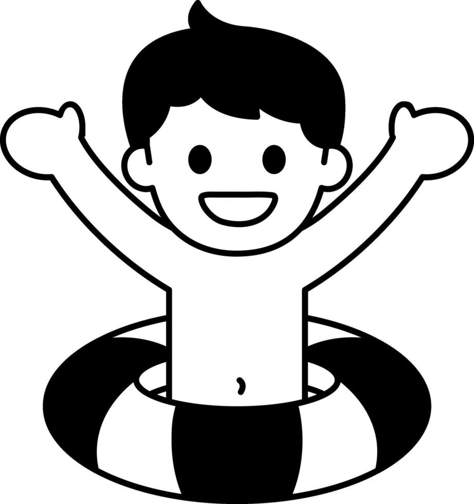 black and white illustration of a boy with swimming ring vector