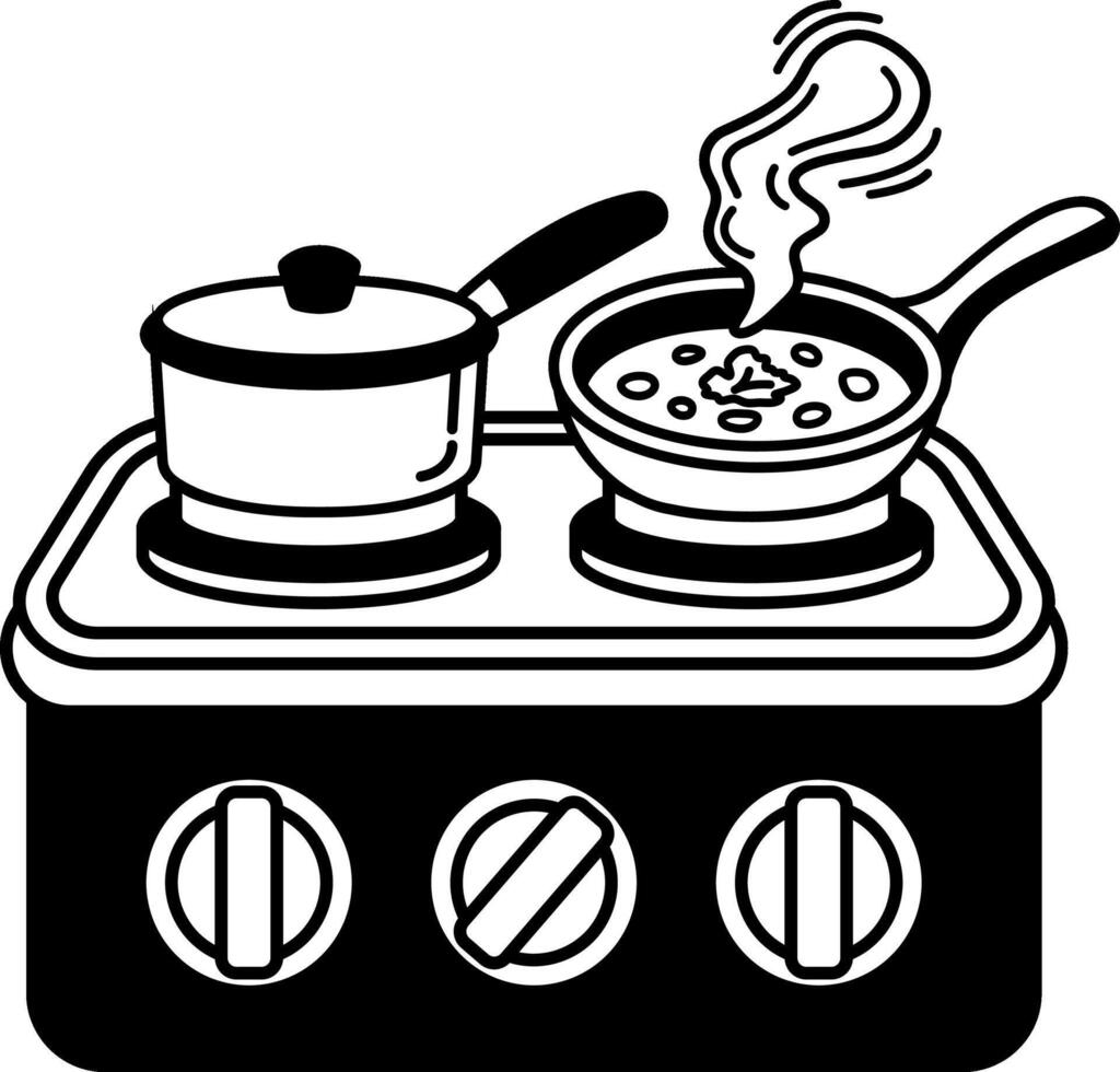 black and white illustration of pot and pan on a camping stove vector
