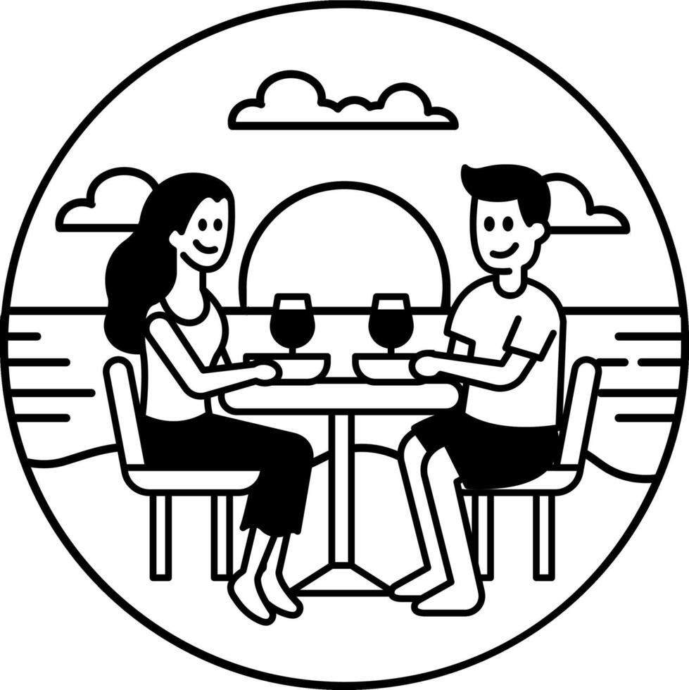 black and white icon of a couple having dinner by the sea vector