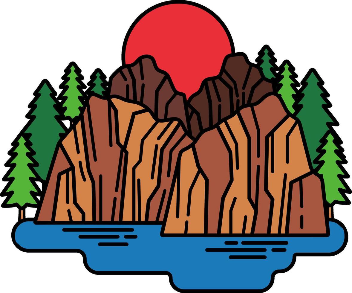 A mountain range with a red sun in the sky vector