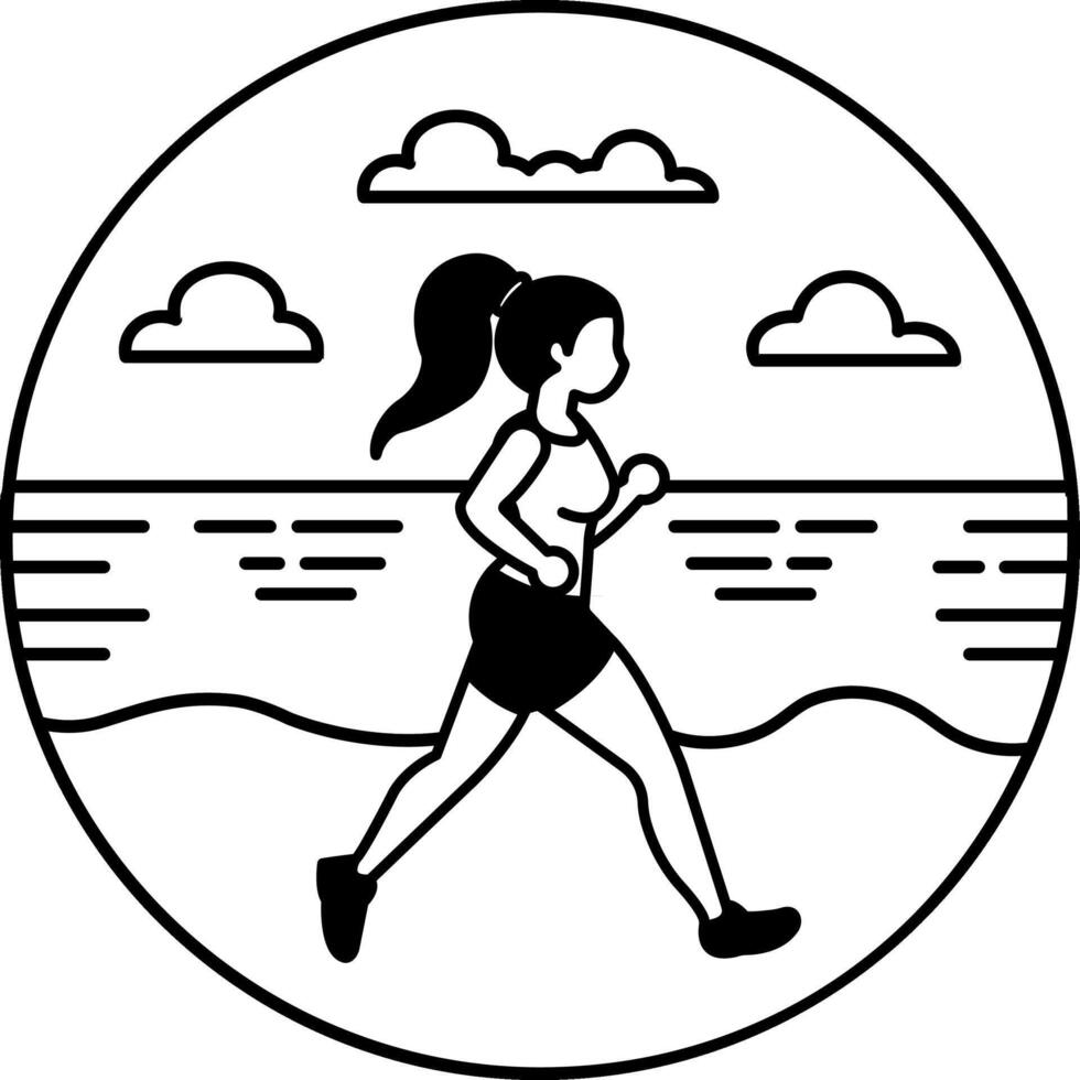 black and white illustration of a woman running on the beach vector