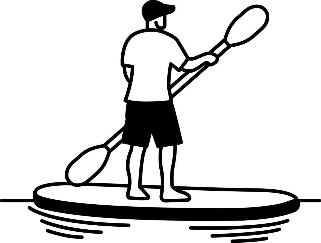 black and white illustration of a man paddling a surfboard vector