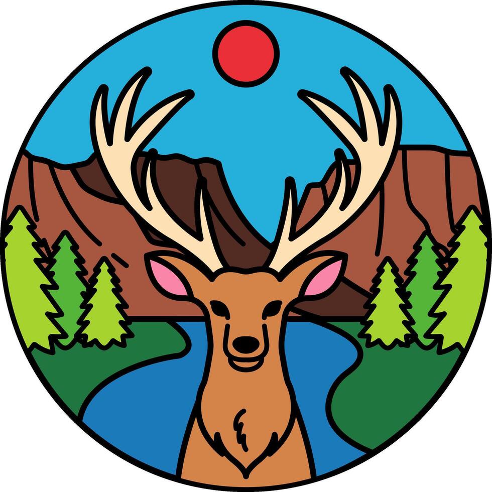 A deer with antlers standing in front of a mountain landscape vector