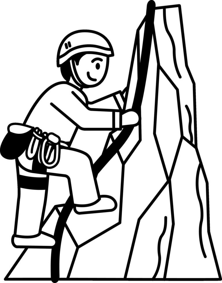 black and white illustration of a man climbing a rock mountain vector