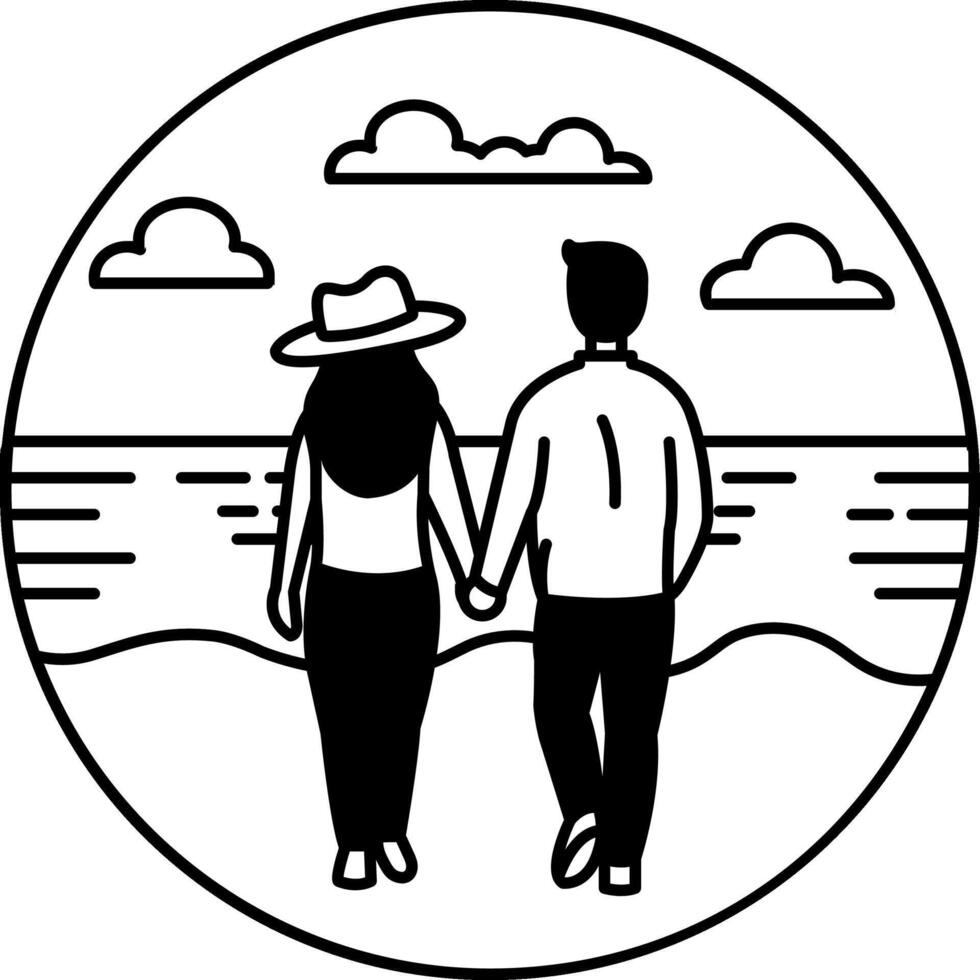 black and white illustration of a couple walking on the beach vector