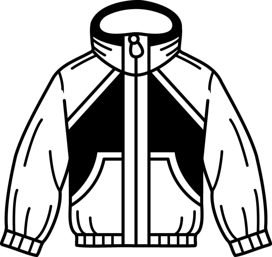 black and white illustration icon of a jacket with a hood and pockets vector