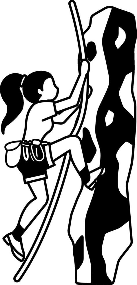 black and white illustration of a woman is climbing a cliff vector