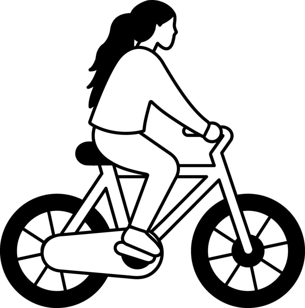 black and white illustration of a girl riding a red bicycle vector