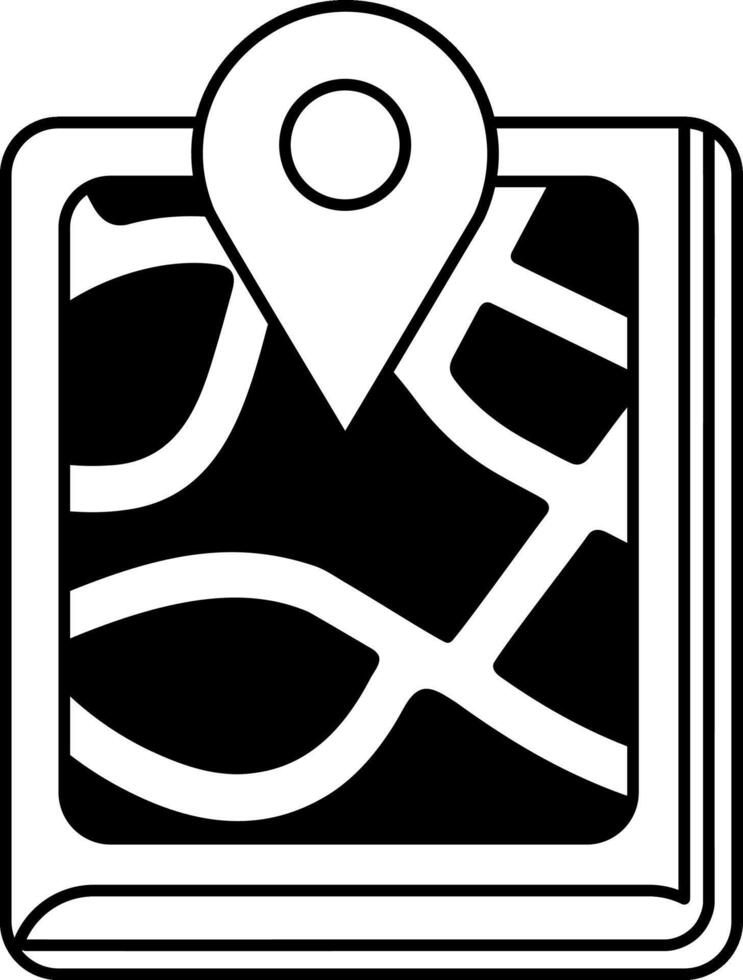 black and white illustration of a map book with location pin vector