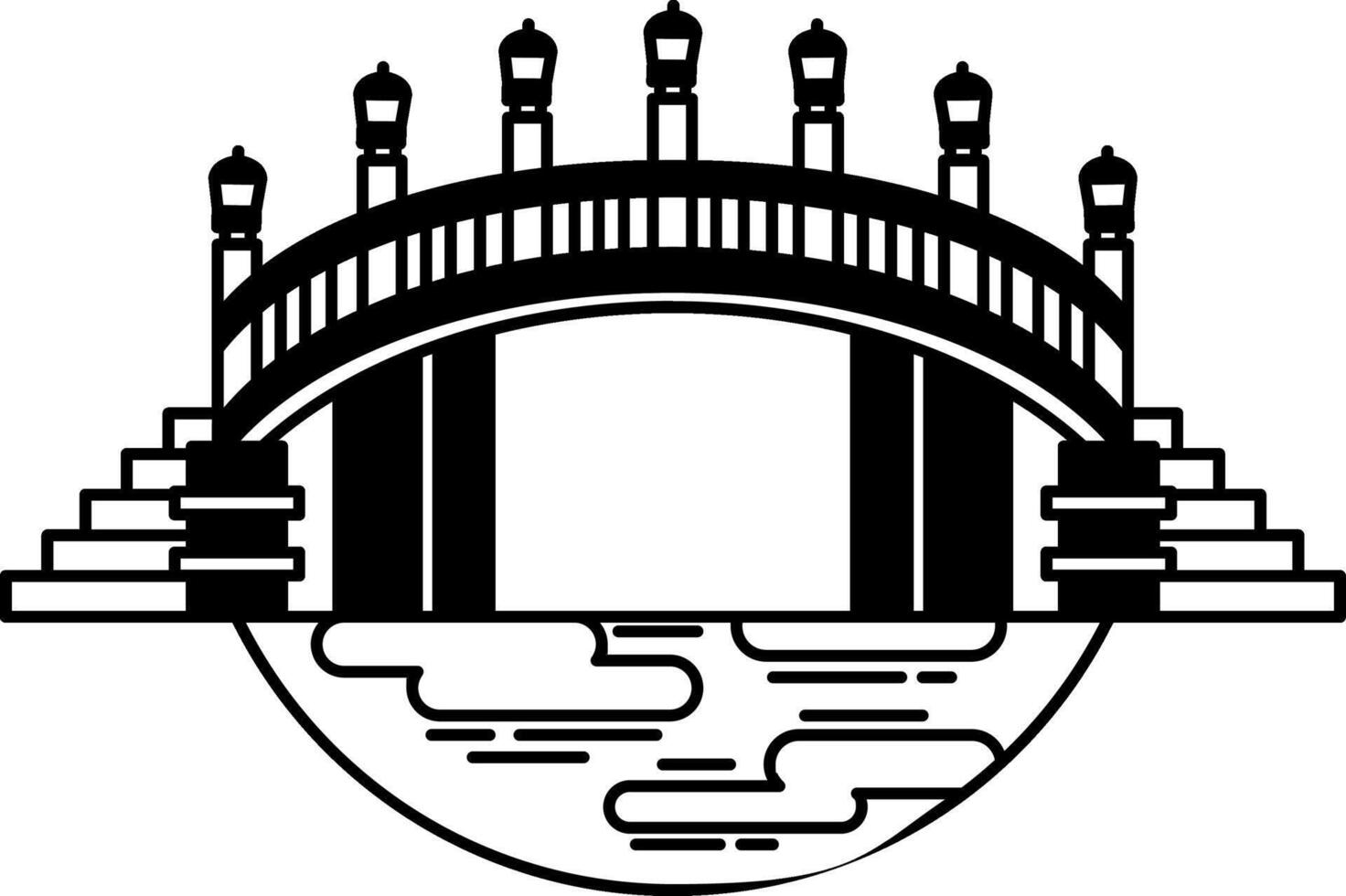 black and white icon of a traditional Japanese bridge over a river vector